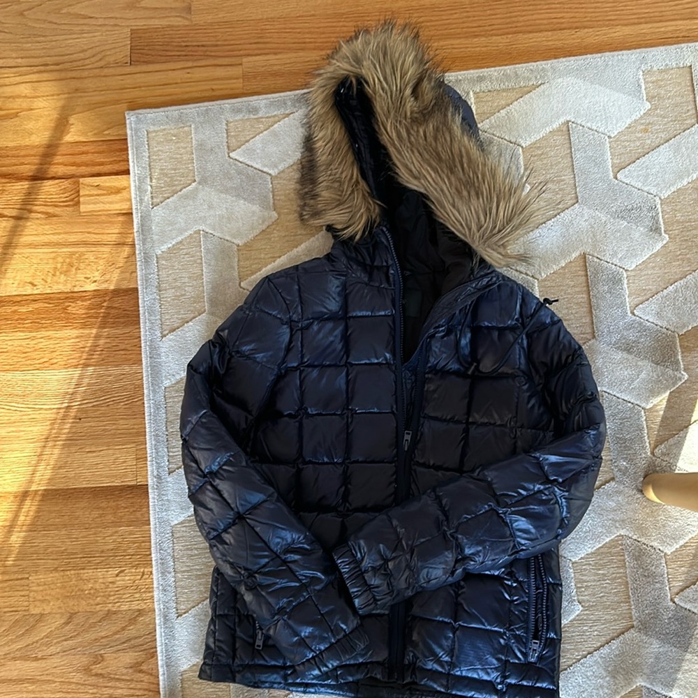 J crew quilted jacket with removable fur l